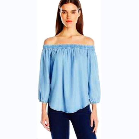 Style Envy rayon off the shoulder blouse, chambray blue, soft & comfy L - Picture 4 of 7
